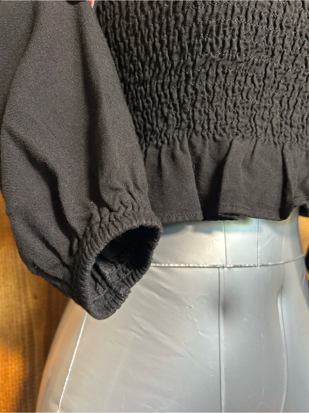 Zara Black Smocked Crop Top with Elastic Sleeve Cuffs